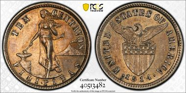 1914-S 10C Allen 8.10a Short Bar AU55