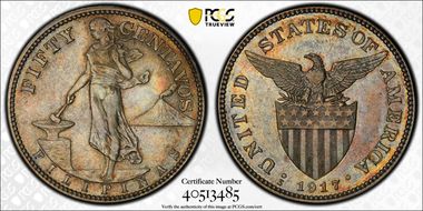 1917-S 50C Allen-14.06a Broken 7 AU58