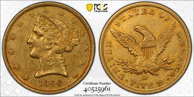 1840-D $5 Small D AU53