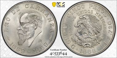 1959-Mo 5 Peso Carranza KM-471  Ag MS66