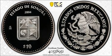 2004-Mo 10 Peso Sonora KM-685  Ag PR69DCAM