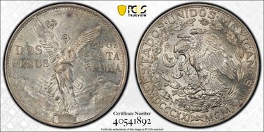 1921-Mo 2 Peso Centennial, 9 Tail F. KM-462  Ag AU58