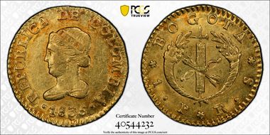 1835-RS Peso Bogota Restrepo-160.14 AU58