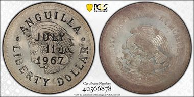 1967 $1 X-2 C/M on Mex 5 Peso MS62