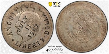 1967 $1 X-6 C/M on Mex 10 Peso AU53