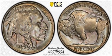 1937-D 5C 3 Legs MS65+ 