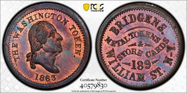 1863 Token F-630J-2a Copper PE Bridgens MS66BN