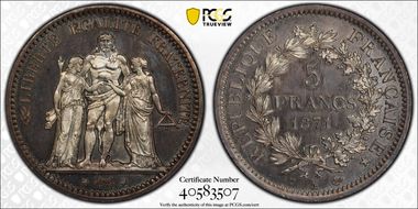 1871-A 5 Fr Trident Date serrée Gad-744 F-334 MS64