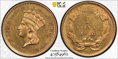 1856 G$1 Slanted 5 AU58