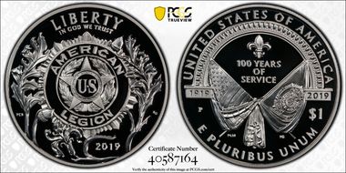 2019-P $1 American Legion 100th Ann Silver Dollar & Medal Set PR69DCAM