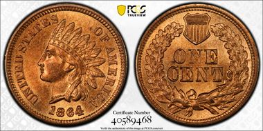 1864 1C L on Ribbon MS65+ RD