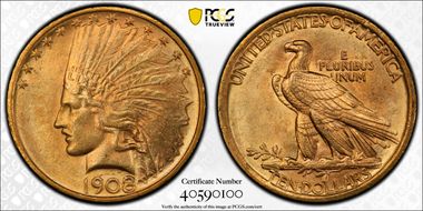 1908 $10 No Motto MS62