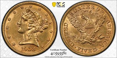 1908 $5 Liberty N1
