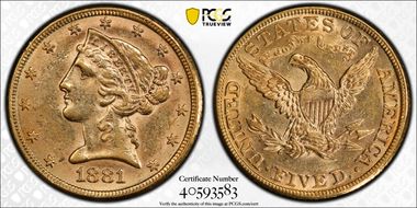 1881 $5 AU58