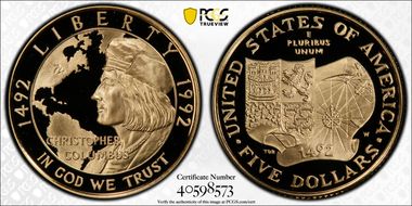 1992-W $5 Christopher Columbus PR69DCAM