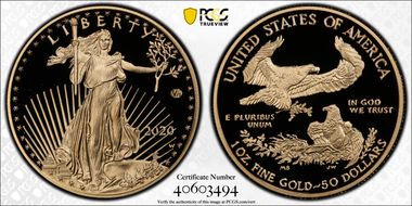 2020-W $50 Gold Eagle - v75 Privy 1 of 1945 Struck First Strike PR70DCAM