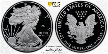 2020-W  $1 Silver Eagle - v75 Privy First Strike PR70DCAM