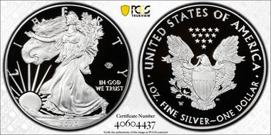 2020-W  $1 Silver Eagle - v75 Privy First Strike PR70DCAM