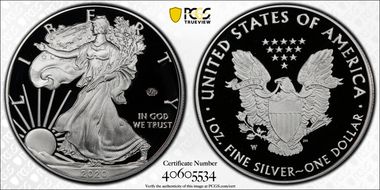 2020-W  $1 Silver Eagle - v75 Privy First Strike PR70DCAM