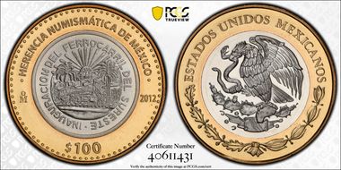 2012-Mo 100 P 1950-Mo 5 Peso Numismatic Heritage PL69