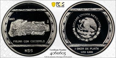1993-Mo 5 Peso Palma con Cocodrilo  Ag PR66DCAM