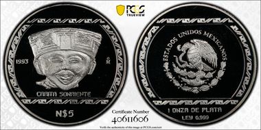1993-Mo 5 Peso Carita Sonriente T-1 KM-584  Ag PR69DCAM