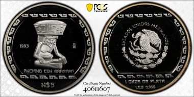 1993-Mo 5 Peso Anciano con Brasero T-1 Mo Right Obv. Field PR68DCAM