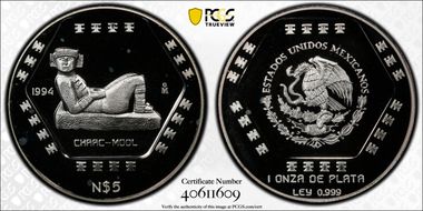 1994-Mo 5 Peso Chaac-Mool KM-574  Ag PR67DCAM