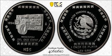 1994-Mo 5 Peso Mascaron del Dios Chaac KM-577  Ag PR69DCAM