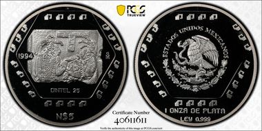 1994-Mo 5 Peso Dintel 26 KM-578  Ag PR69DCAM