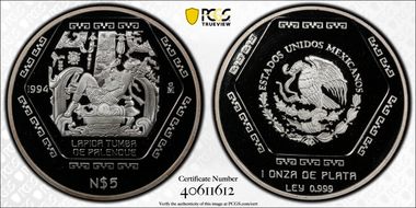 1994-Mo 5 Peso Lapida Tumba de Palenque PR70DCAM