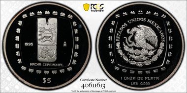 1996-Mo 5 Peso Hacha Ceremonial KM-598  Ag PR68DCAM