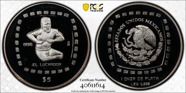 1996-Mo 5 Peso El Luchador KM-597  Ag PR68DCAM