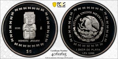 1996-Mo 5 Peso Hombre Jaguar T-1 PR68DCAM