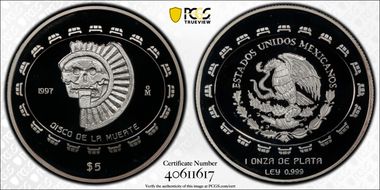 1997-Mo 5 Peso Disco de la Muerte KM-619  Ag PR69DCAM
