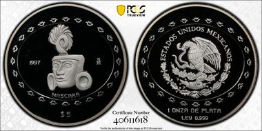1997-Mo 5 Peso Mascara KM-620  Ag PR68DCAM
