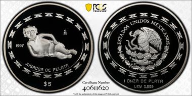 1997-Mo 5 Peso Jugador de Pelota KM-622  Ag PR69DCAM