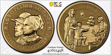 2020-W $10 Mayflower 400th Anniversary Reverse Proof First Strike PR70