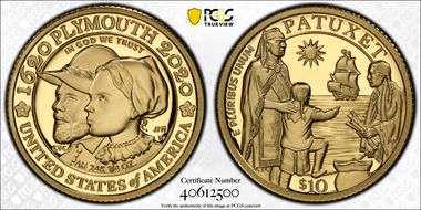 2020-W $10 Mayflower 400th Anniversary U.S Gold Proof Set First Strike PR70DCAM