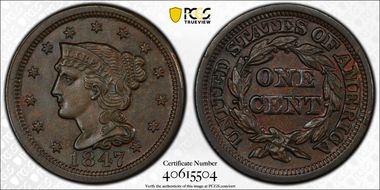 1847 1C Newcomb 13 AU58+ BN