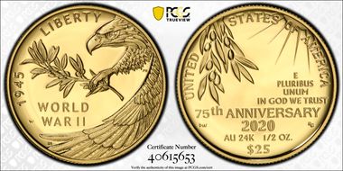 2020-W $25 End of World War II 75th Anniv.  First Strike PR69DCAM