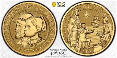 2020-W $10 Mayflower 400th Anniversary Reverse Proof First Strike PR70
