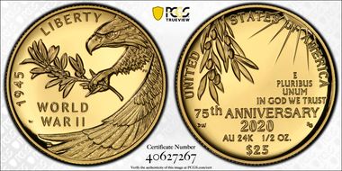 2020-W $25 End of World War II 75th Anniv.  First Strike PR70DCAM