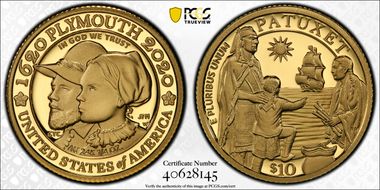 2020-W $10 Mayflower 400th Anniversary U.S Gold Proof Set First Strike PR70DCAM