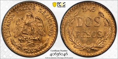 1945-Mo 2 Peso KM-461  Au MS65