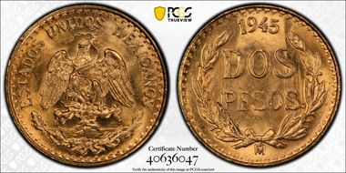 1945-Mo 2 Peso KM-461  Au MS66