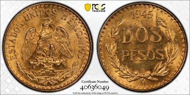 1945-Mo 2 Peso KM-461  Au MS66