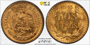 1945-Mo 2 Peso KM-461  Au MS66