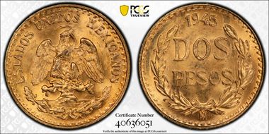 1945-Mo 2 Peso KM-461  Au MS65