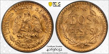 1945-Mo 2 Peso KM-461  Au MS65